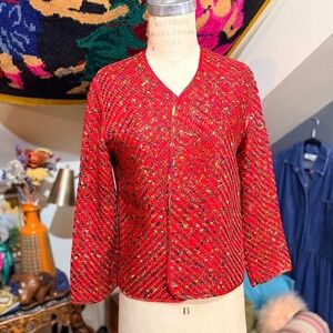 Stunning ! VTG Chicos‎ Design Red Woven Silk Ribbon Jacket Open Front Size S